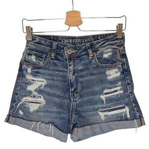 AMERICAN EAGLE Mom Shorts‎ Distressed Jean Cutoffs Women 2 High Rise Blue Cuffed